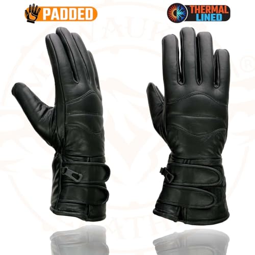 Milwaukee Leather SH233 Men's Black Leather Warm Lining Gauntlet Motorcycle Hand Gloves W/Double Strap Cuff Pull-on Closure