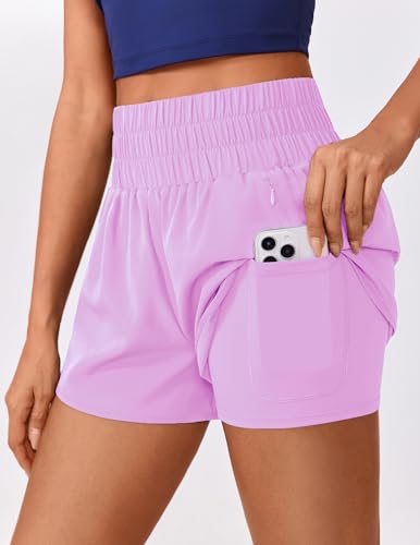 PINSPARK Running Shorts for Women Quick Dry High Waisted Athletic Short 2 in 1 Workout Gym Shorts with Zipper Pockets