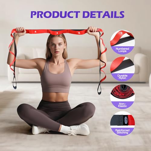 Non Elastic Stretching Strap with Loops - Yoga Straps for Physical Therapy, Durable Stretch Bands for Exercise, Flexibilit...