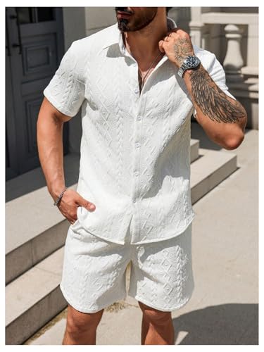 RoseSeek Men's 2 Piece Beach Vacation Outfits Short Sleeve Button Down Shirt and Shorts Clothing Set