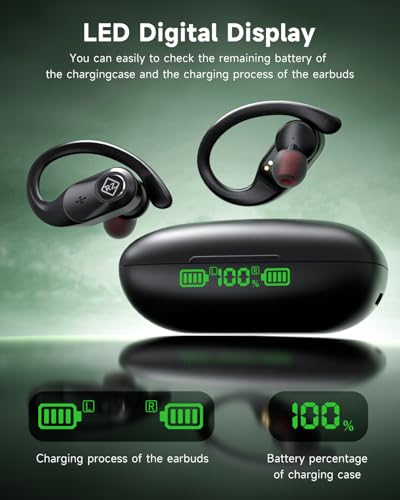Wireless Earbuds Bluetooth Headphones 96H Playtime LED Display Waterproof Built in Mic Deep Bass Sound Secure Over Ear bud...