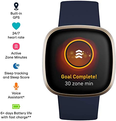 Fitbit Versa 3 Health & Fitness Smarwtach with GPS, 24/7 Heart Rate, 6+ Days Battery, Midnight Blue/Gold, One Size (S & L ...