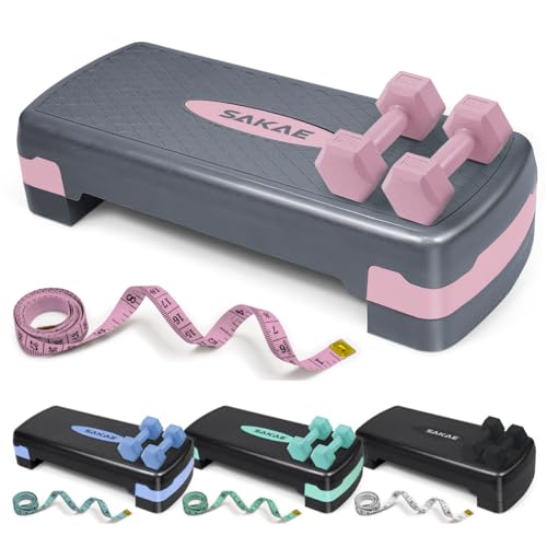 Aerobic Stepper Set with Dumbbells & Measuring Tape, Adjustable Height 2 Level Risers Workout Exercise Step Platform, 4 Co...