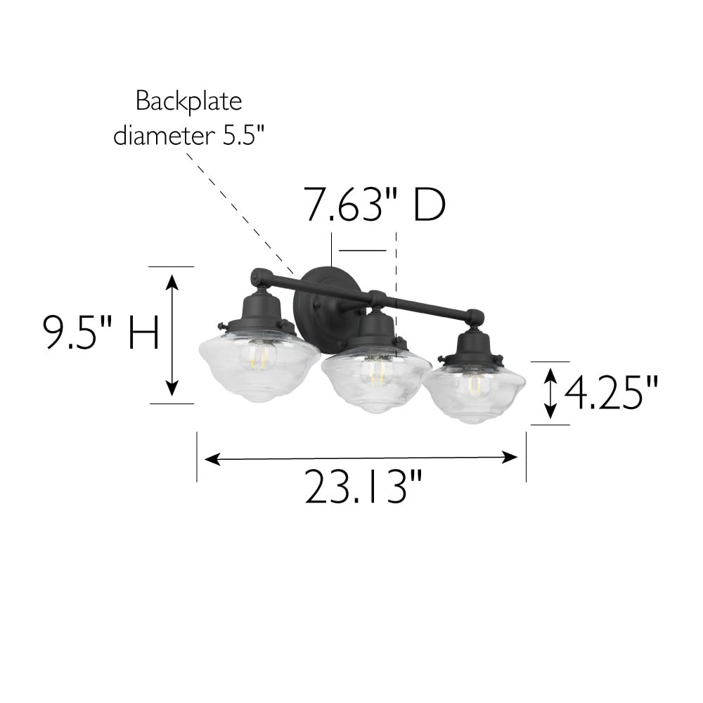 Design House 3-Light Dimmable Vanity Light, Matte Black, Clear Seeded Glass Shades, 23.125 in x 7.625 in x 9.5 in, Model 589