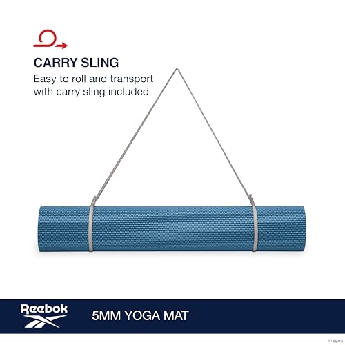 Reebok 5mm Solid Yoga Mat 68" x 24" Non-Slip, Lightweight, Foldable, and Durable Exercise Mat with Carry Strap for Home Wo...