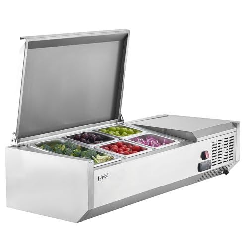 VEVOR Refrigerated Condiment Prep Station, 120 W Countertop Refrigerated Condiment Station, with One 1/3 Pan & Four 1/6 Pans, 304 Stainless Body and PC Lid, Sandwich Prep Table with Stainless Guard