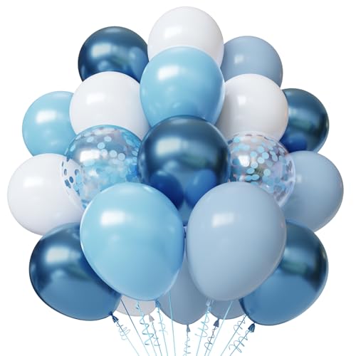 Blue and White Balloons, 50pcs 12 inch Blue White Confetti Balloons Kit, Metallic Chrome Blue Latex Balloons for Birthday,...