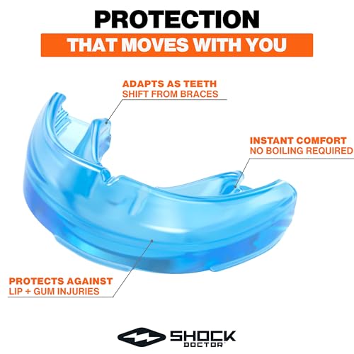 Shock Doctor Mouth Guard for Braces, Upper Teeth Protection, Instant Fit, Adult & Youth Sizes,Blue