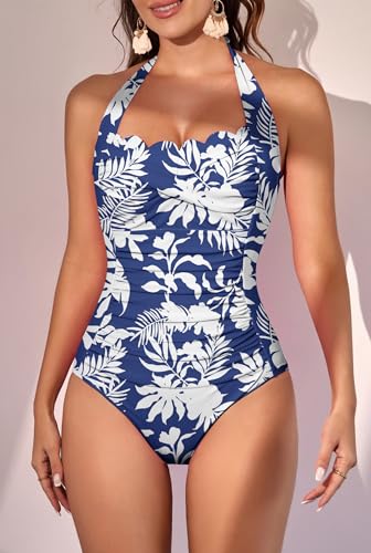 Eomenie Women One Piece Tummy Control Swimsuit Halter Scallop Trim Bathing Suits 1 Piece Vintage Ruched Slimming Swimwear