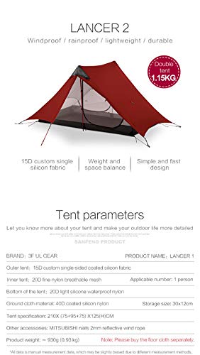 3F UL GEAR Lanshan 2 Person Tent Hiking Ultralight Camping Tent Professional 15D Silnylon Rodless Trekking Pole Tent Water...