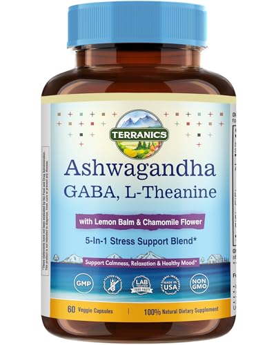 Terranics Ashwagandha L-Theanine Supplement for Stress Relief, Combined with GABA, Lemon Balm, Chamomile Flower Extract, N...