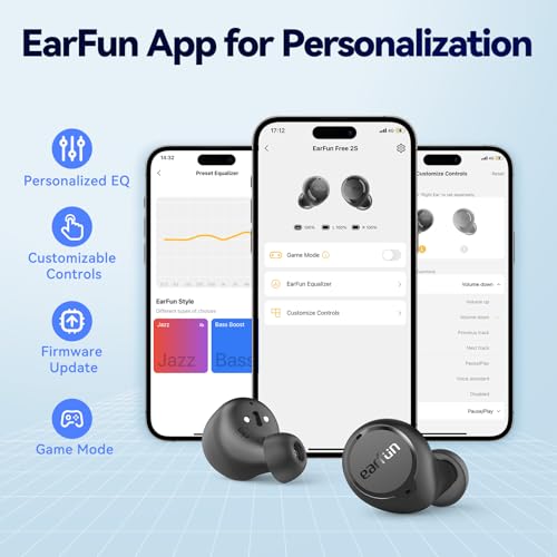 EarFun Free 2S Wireless Earbuds, [Upgraded Version] Bluetooth Earbuds with Deep Bass, 4 Mics for Clear Call, Customizable ...