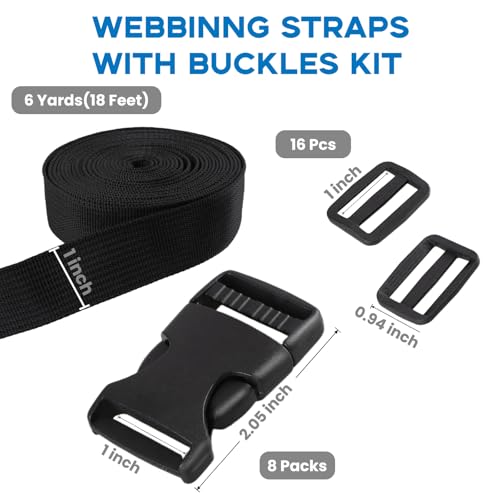 Strap and Buckles kit - 18 ft Nylon Webbing 1 inch wide, 8 Pack Quick Release Buckle, 16 pieces Tri-Glide Slide Clips, Bla...