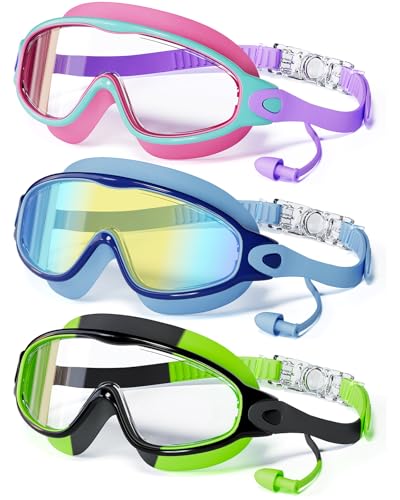 CMBJJU 3 Pack Swimming Goggles, Kid Goggles with Earplugs Large Frame Anti-Fog/UV Wide View Swim Goggles Boys Girls 4-12