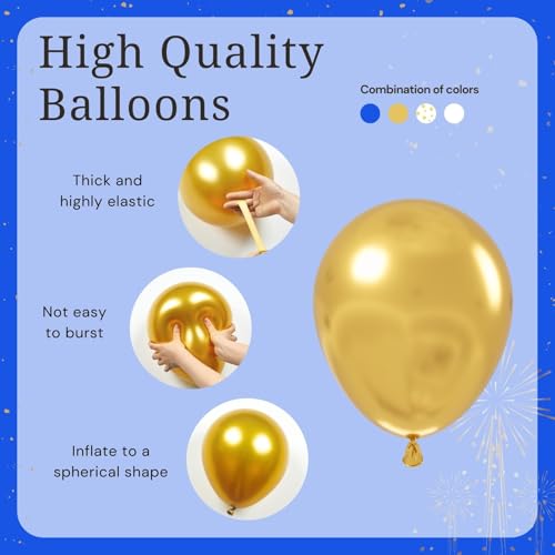 BAUANOOY Royal Blue Gold White balloons, 60pcs 12 Inch Navy Blue Metallic Gold Confetti Balloon for Wedding Graduation Bab...
