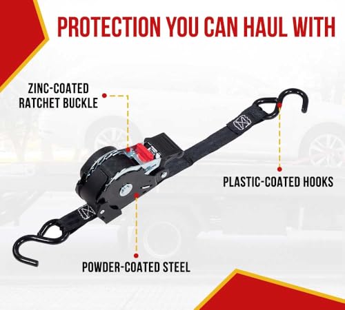 Mytee Products 4 Auto Retract NO-RATCHETING Ratchet Straps | 1" x 12' Retractable Ratchet Straps with Coated S Hook Tiedow...