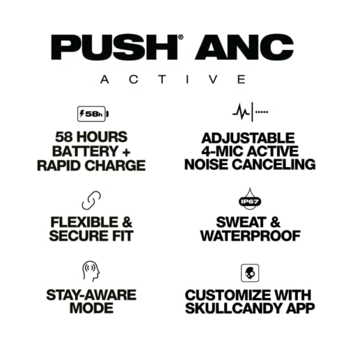 Skullcandy Push ANC Active Wireless Earbuds, Bluetooth Headphones, Noise Cancelling, 58 Hours Battery, Secure-Fit Over-Ear...