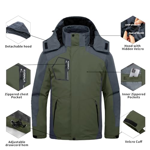 Kugnala Mens Winter Skiing Jacket 3 in 1 Waterproof Warm Snow Fleece Lining Coat Hooded Windproof Jacket S-6XL