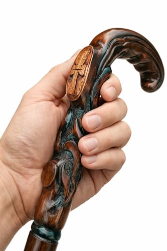 Wooden Christian Cross Engraved Hand Carved Cane - Premium Wood Carved Walking Stick Cane with Ergonomic Palm Grip Handle...