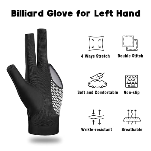 Riverruns Billiard Pool Glove for Left Hand 3 Finger, Snooker Cue Sport Glove for Men Women