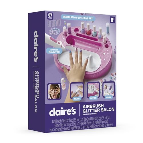 Claire's Kids Nail Art Kit, 67-Piece Airbrush Glitter Salon Nail Charms & Accessories Set, Polish, Press-On Nails, Sticker...