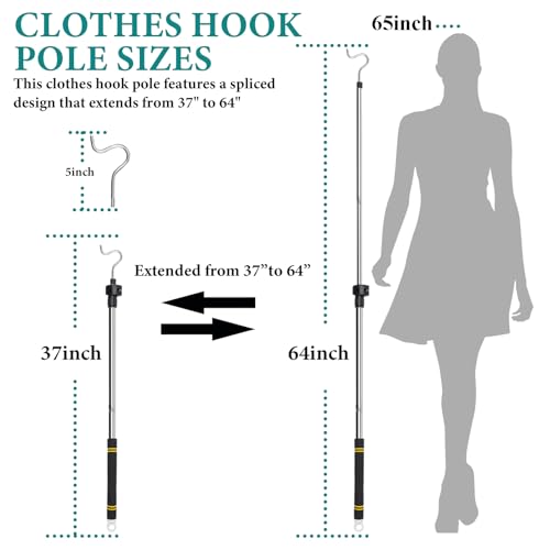Greeily Clothes Hanger Reaching Hook Telescopic Adjustment clothes hook pole Light and can Extend from 37" to 65" with 4.7...