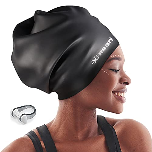 Keary Extra Large Swim Cap for Braids and Dreadlocks Extensions Weaves Long Hair, Waterproof Silicone Cover Ear Bath Pool ...