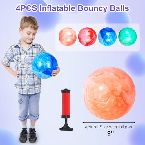 AMOR PRESENT 4PCS Playground Balls for Kids, 9 Inches Dodgeballs Bouncy Balls, Rubber Inflatable Kickball with Air Pump fo...