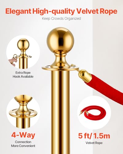 VEVOR Stanchions and Velvet Ropes 6Pcs, Hollow Base with Stainless Steel Post, 4 Red Velvet Ropes and Posts, Crowd Control...