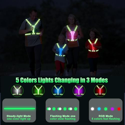 SAWNZC LED Reflective Vest Running Gear, 5 Colors Lights Up Running Vest for Night Walking Cycling Jogging, Adjustable Siz...