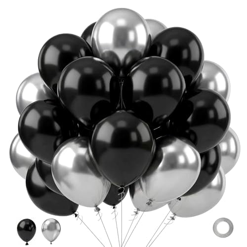 Black and Silver Balloons,65PCS 12 Inch Metallic Chrome Silver and Black Latex Balloons for Birthday Graduation Anniversar...