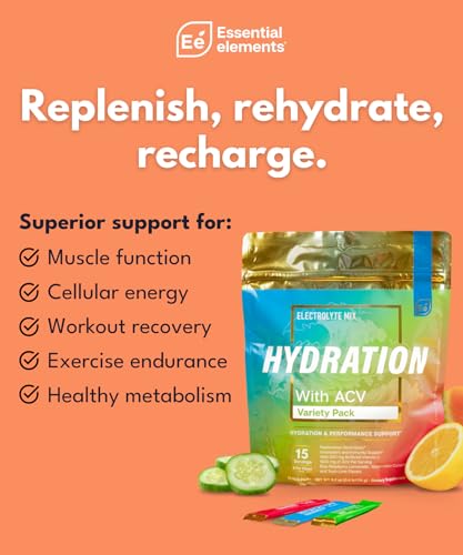 Essential Elements Hydration Packets - Variety Pack - Sugar Free Electrolytes Powder Packets - 15 Stick Packs of Electroly...