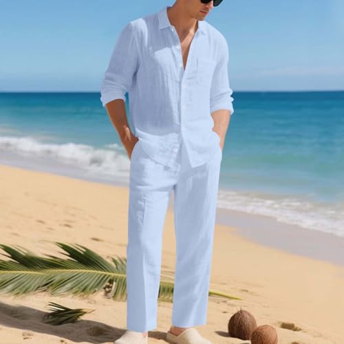 Cambkatl Men's Linen Beach Travel Outfits Long Sleeve Casual Button Down Shirt Matching 2 Piece Tracksuit Sets with Pockets