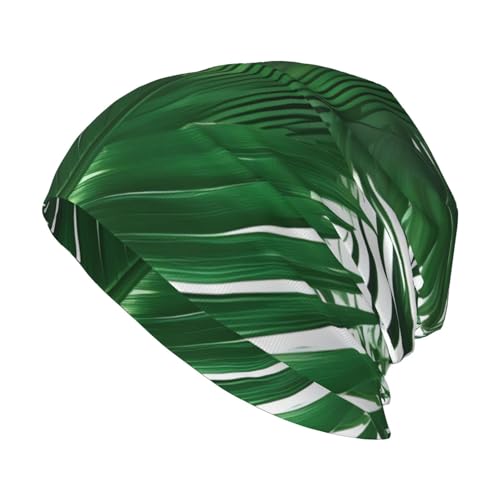 Green Palm Leaf Print Soft Beanie Hat for Men Women Warm Fashion Cap for Jogging Cycling Gift Outdoor Use