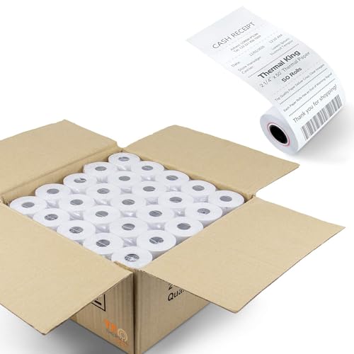 TK Thermal King, (50 Rolls) 2 1/4" 50' feet White Paper Cash Register POS Receipt, Fits All Credit Card Terminal Great For...