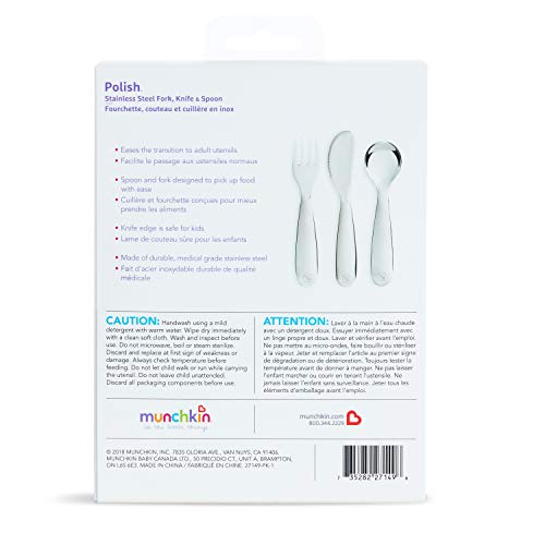 Munchkin Polish Toddler Utensils, Includes Fork, Knife and Spoon, Stainless Steel, 3 Piece