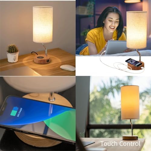 Artoomizz Smart Bedside Table Lamp Set of 2 - Touch Control LED, Dimmable, Wooden, Fabric Shade, Cream