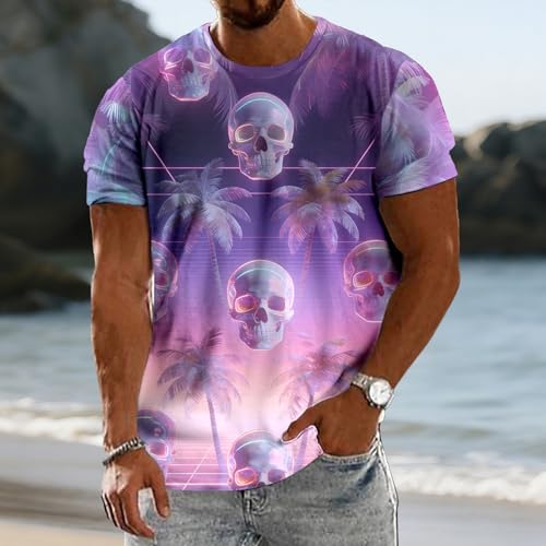 Hawaiian T Shirts for Men - Skull Palm Tree | Short Sleeve Crewneck Hawaiian Graphic Tees Summer Tops,for Travel