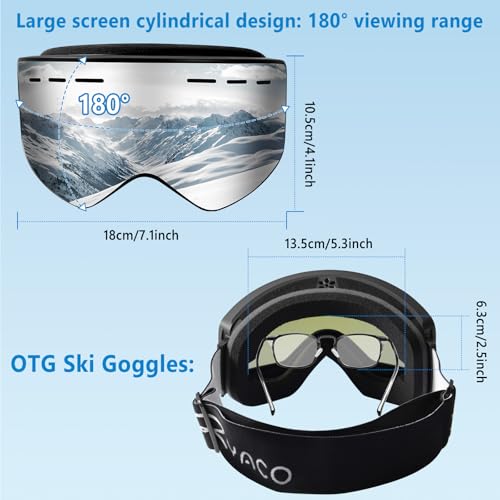 Ryaco Ski Snowboard Goggles, OTG Anti Fog Interchangeable Magnetic Lens, 100% UV Protection, for Men Women Youth Adult