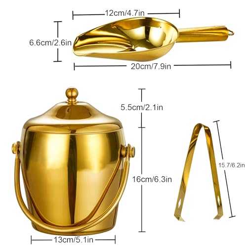 Ice Bucket Champagne Bucket with Tongs Scoop Lid, Double Wall Wine Bar Freezer Ice Bucket with Stand & Carrying Handle, St...