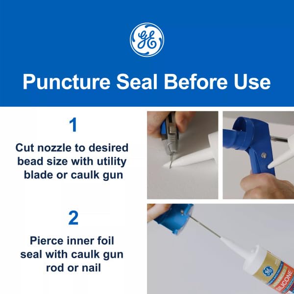 GE Advanced Silicone Caulk for Kitchen & Bathroom, White, 10 fl oz Cartridge, 1 Pack - 100% Waterproof Silicone Sealant, 5X Stronger Adhesion, Shrink & Crack Proof