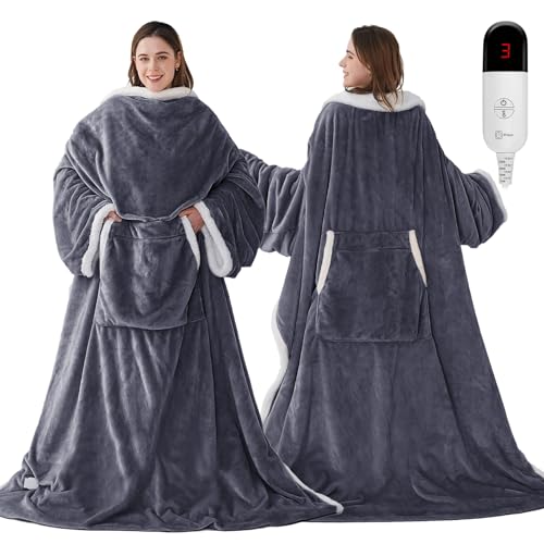 Wearable Heated Blanket with Foot Pockets, Electric Wearable Throw Blanket with Sleeves, Wearable Electric Blanket with 6 ...