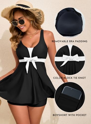 Aleumdr Women Printed Two Piece Tankini Swimsuits Tummy Control Swim Dress High Waisted Boyshort with Pockets