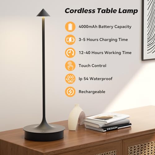 Jicai Small Cordless Table Lamp Rechargeable  Battery Operated Desk Lamp  4000Mah Led Touch Lamp  Dimmable Portable Outdoor Waterproof Wireless Table Light For Restaurants/Bars/Outdoor(1Pc  Black)