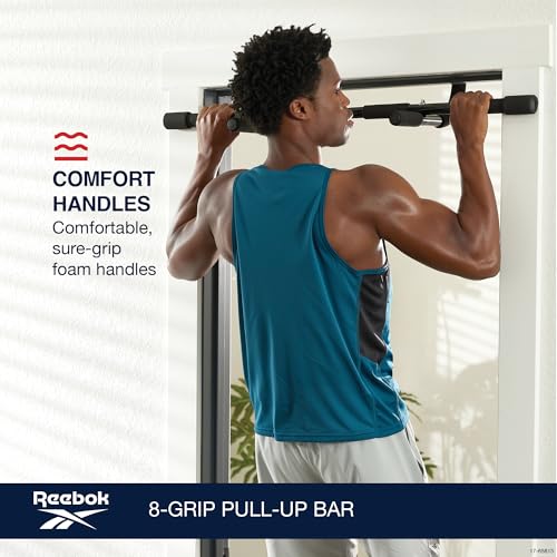 Reebok 8-Grip Pull-Up Bar, Multi-Function Upper Body Workout Rod, Door Frame Fitness Beam with 8 Sure Grip Foam Handles, P...