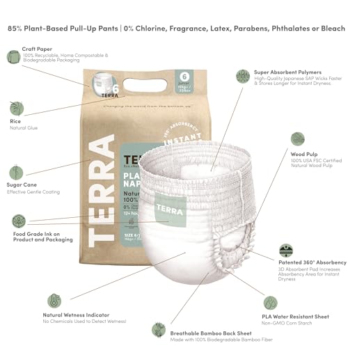 Terra Training Pants Size 6: 85% Plant Based Pull-Up Style Diapers, Ultra-Soft & Chemical-Free for Sensitive Skin, Superio...