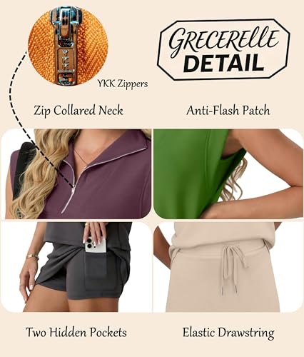 GRECERELLE Women's 2026 Summer 2 Piece Skort Sets Cap Sleeve Zip Collared Top Matching Tennis Skirt with Pockets for Athletic