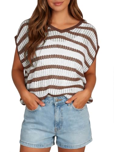 Yousify Womens Summer Crochet Tops Cap Sleeve Knit Pullover Sweater Vest V Neck Cover Ups Beach Vacation Clothes