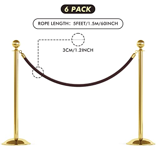 Woanger 6 Pack Velvet Stanchion Rope, 5 Feet Crowd Control Stanchion Ropes Safety Barrier with Gold Plated Hook for Carpet...