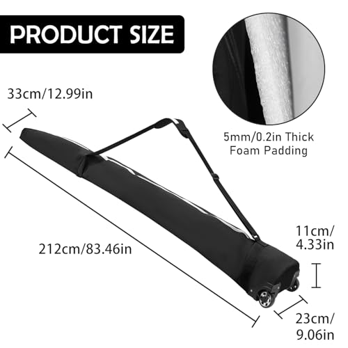 AzReference Padded Ski Bag with Wheels, Rolling Wheeled Ski Bag for Air Travel, Store & Transport Double Skis Up to 200 cm